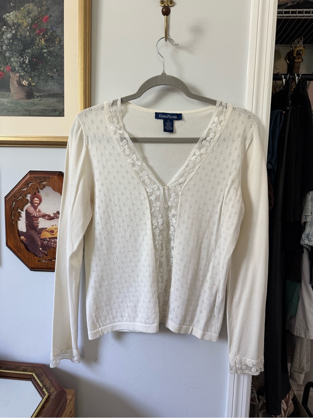 Evan Picone Cream Lace-Trim Button-Front Top 1990s